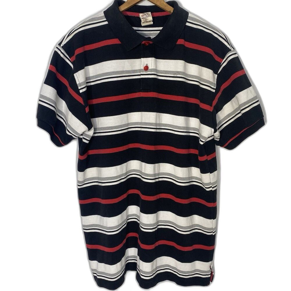PJ Mark Striped Polo Shirt Short Sleeve Y2K Preppy Vintage Men L Black White Red